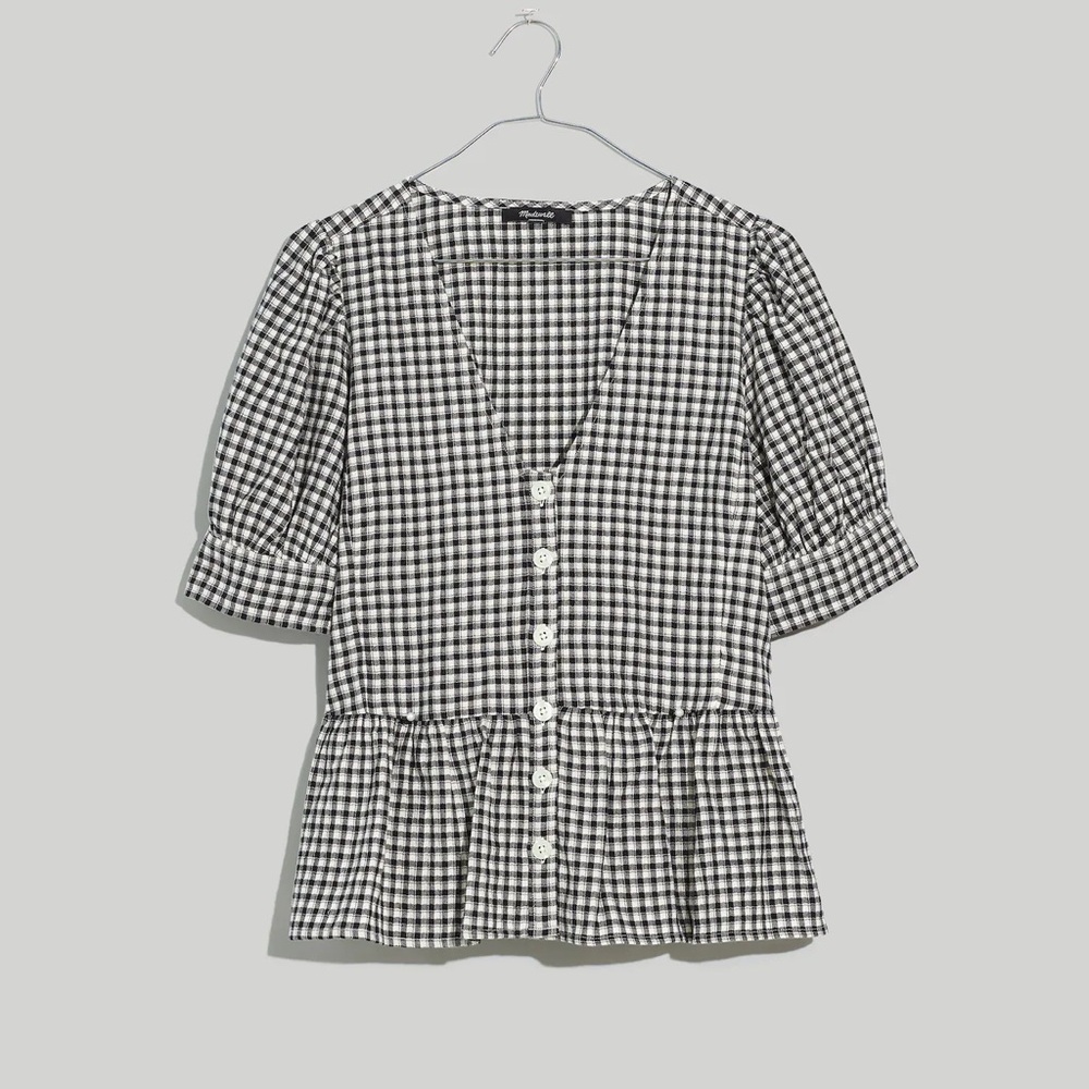 Madewell Brushed Gauze Puff-Sleeve Peplum Top in Gingham Check